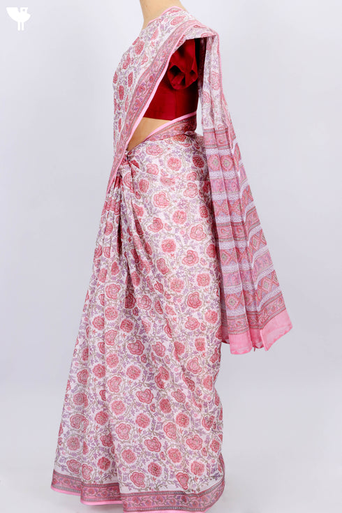 Kota Doria Saree In Floral Block Print